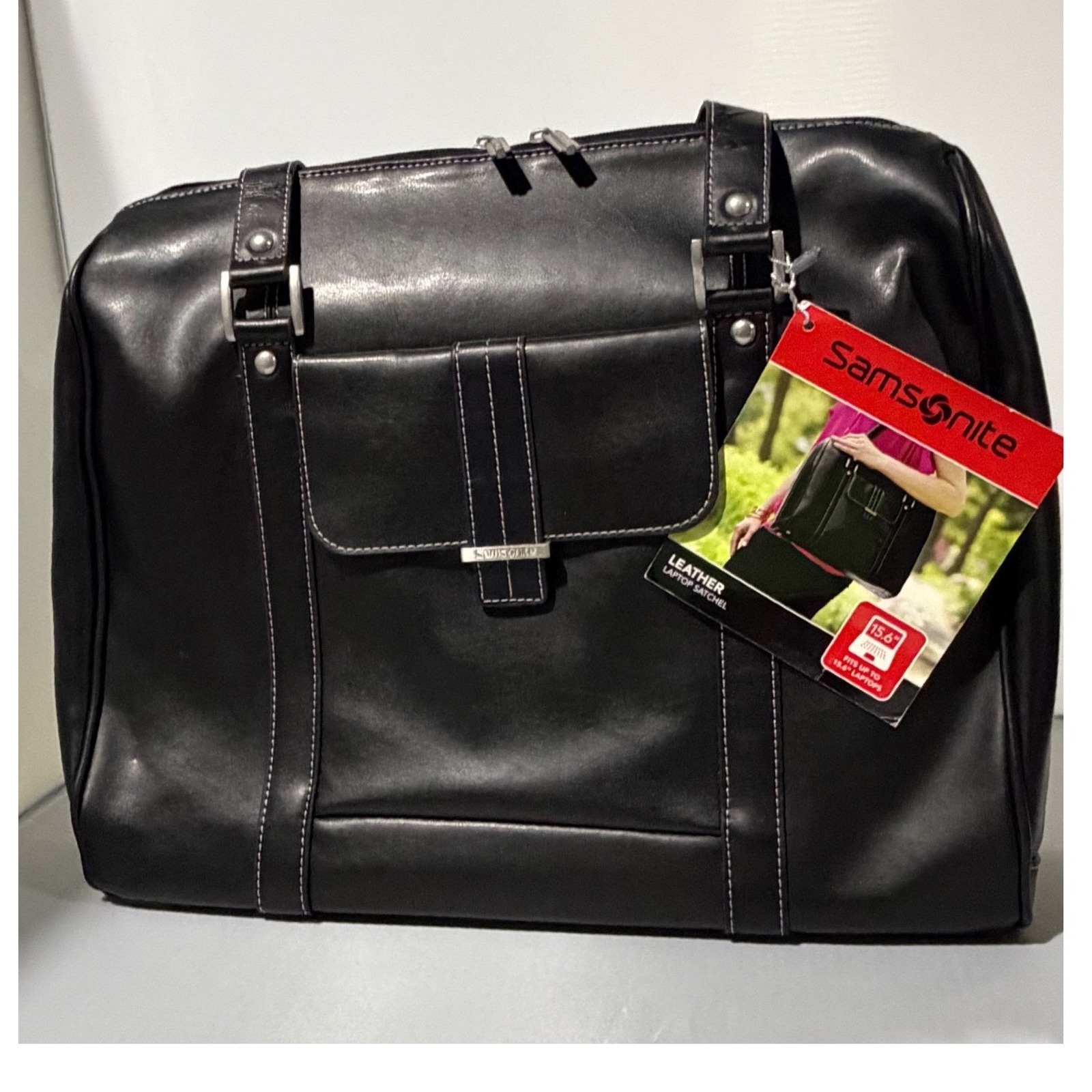 Samsonite Black Leather Laptop Satchel Bag 15.6 Inch Work Tote New With Tags